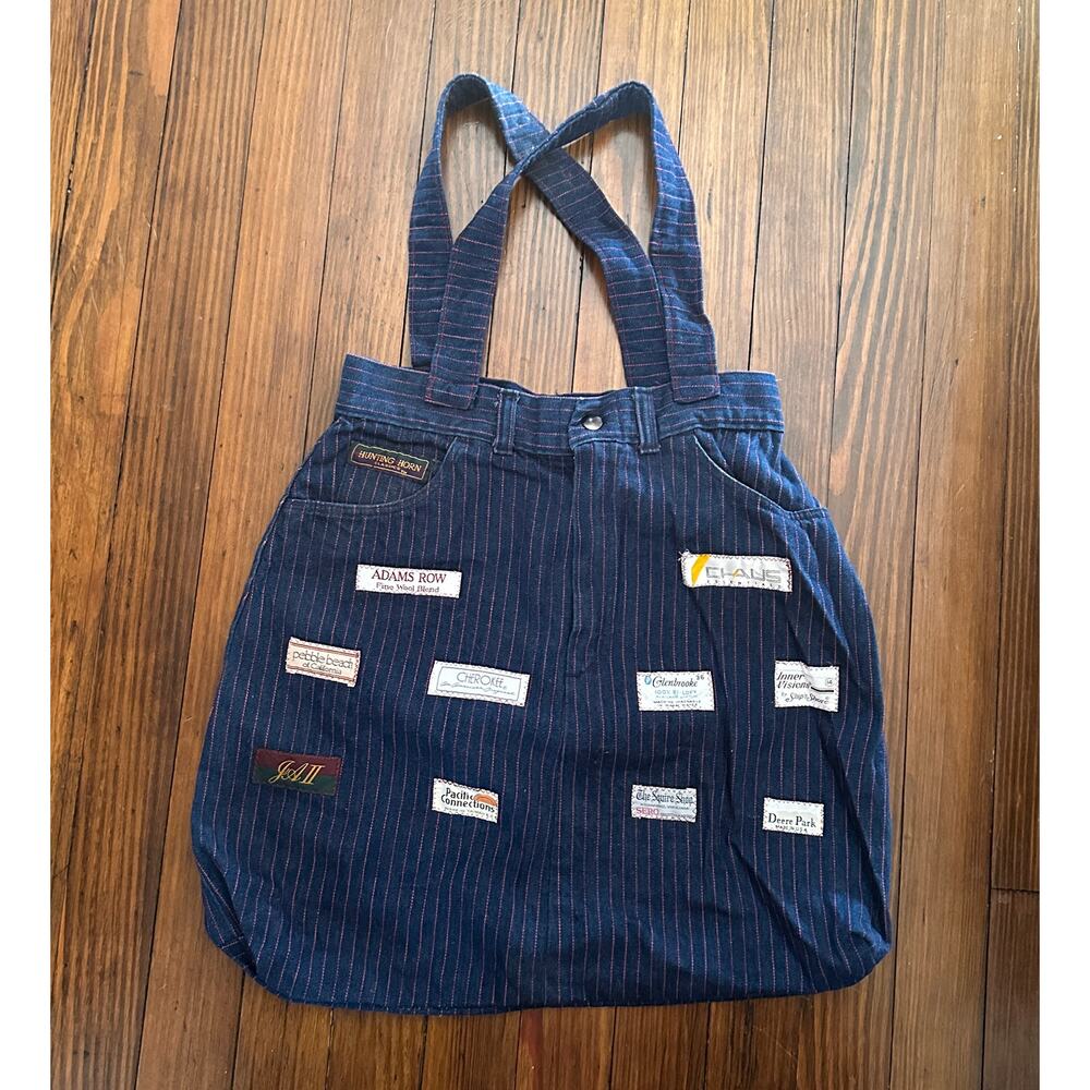 *sold* Vintage Handmade Pinstripe Denim / Jeans Tag Patchwork Bag Tote